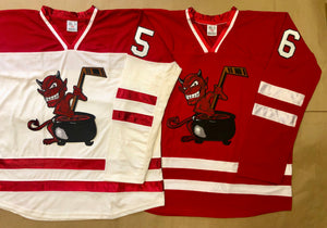 Red and White Hockey Jerseys with a Devil and Cauldron Twill Logo