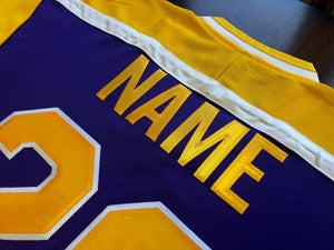 Purple and Gold Hockey Jerseys with The Shooters Twill Logo