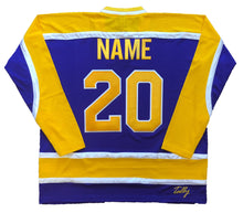 Load image into Gallery viewer, Purple and Gold Hockey Jerseys with the Brewsers Twill Logo
