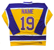 Load image into Gallery viewer, Purple and Gold Hockey Jerseys with the Brewsers Twill Logo
