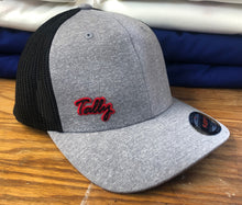 Load image into Gallery viewer, Grey and Black Mesh Flex-Fit Hat with a small Tally twill crest $30
