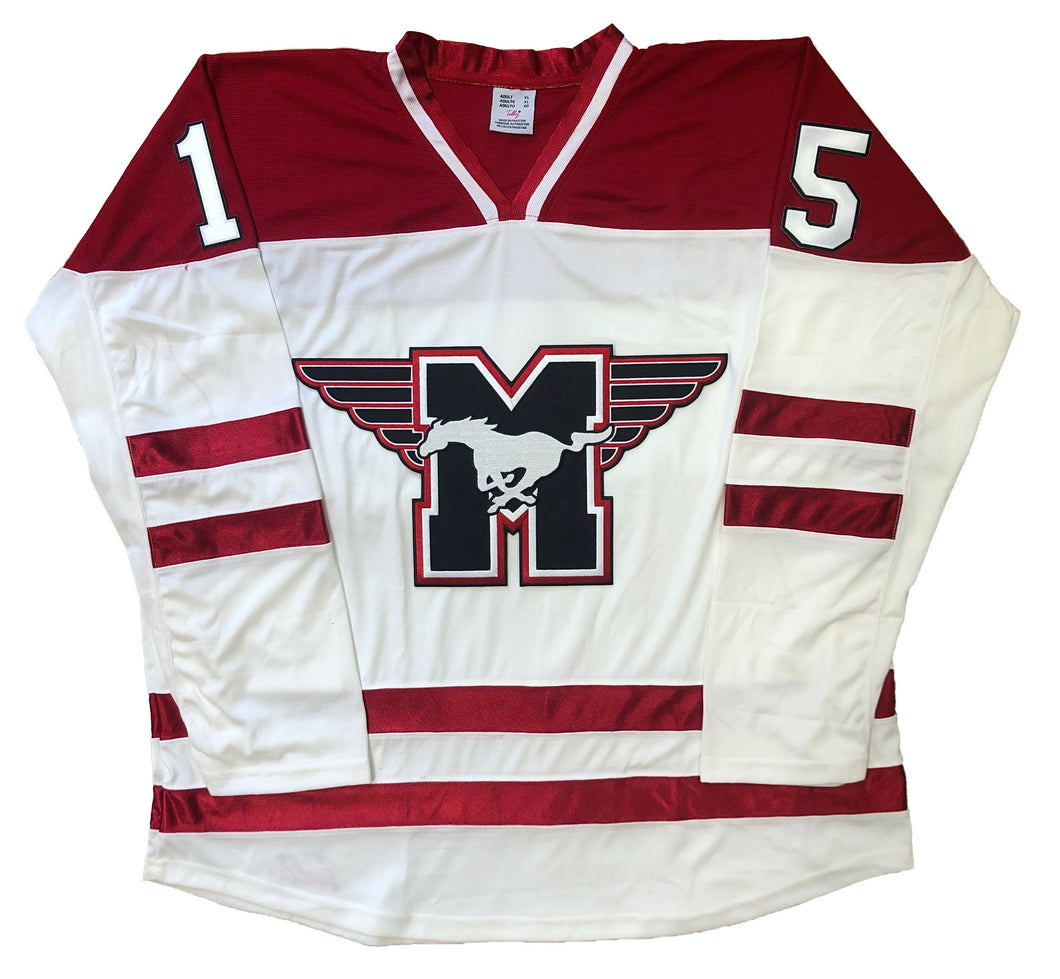 Red and White Hockey Jerseys with the Mustangs Embroidered Twill Logo