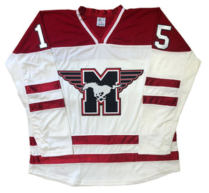 Red and White Hockey Jerseys with the Mustangs Twill Logo