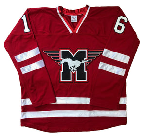 Red and White Hockey Jerseys with the Mustangs Twill Logo
