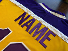 Load image into Gallery viewer, Purple and Gold Hockey Jerseys with the Brewsers Twill Logo
