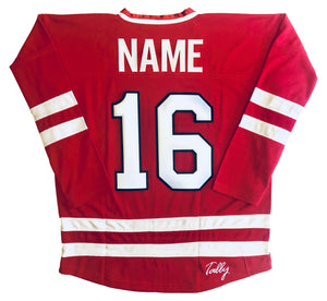 Maillots de hockey rouges et blancs avec le logo en sergé de la 13e division de défense civile 