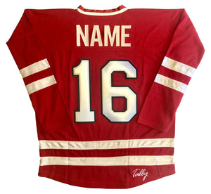 Red and White Hockey Jerseys with the Des Moines Hitmen Twill Logo