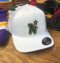 Load image into Gallery viewer, Flex-Fit Hat with a North Stars crest / logo $39 (White / White)
