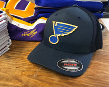 Load image into Gallery viewer, Flex-Fit Hat with a Blues crest / logo $39 (Navy Blue  / Navy Blue)

