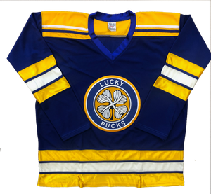 Custom Hockey Jerseys with a Lucky Pucks Embroidered Twill Logo