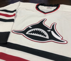Custom Hockey Jerseys with a Shark Embroidered Twill Logo
