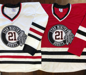 Custom Hockey Jerseys with a Mikita's Donuts Embroidered Twill Logo