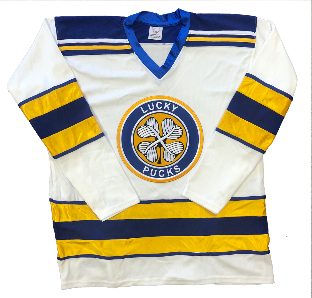 Custom Hockey Jerseys with a Lucky Pucks Embroidered Twill Logo