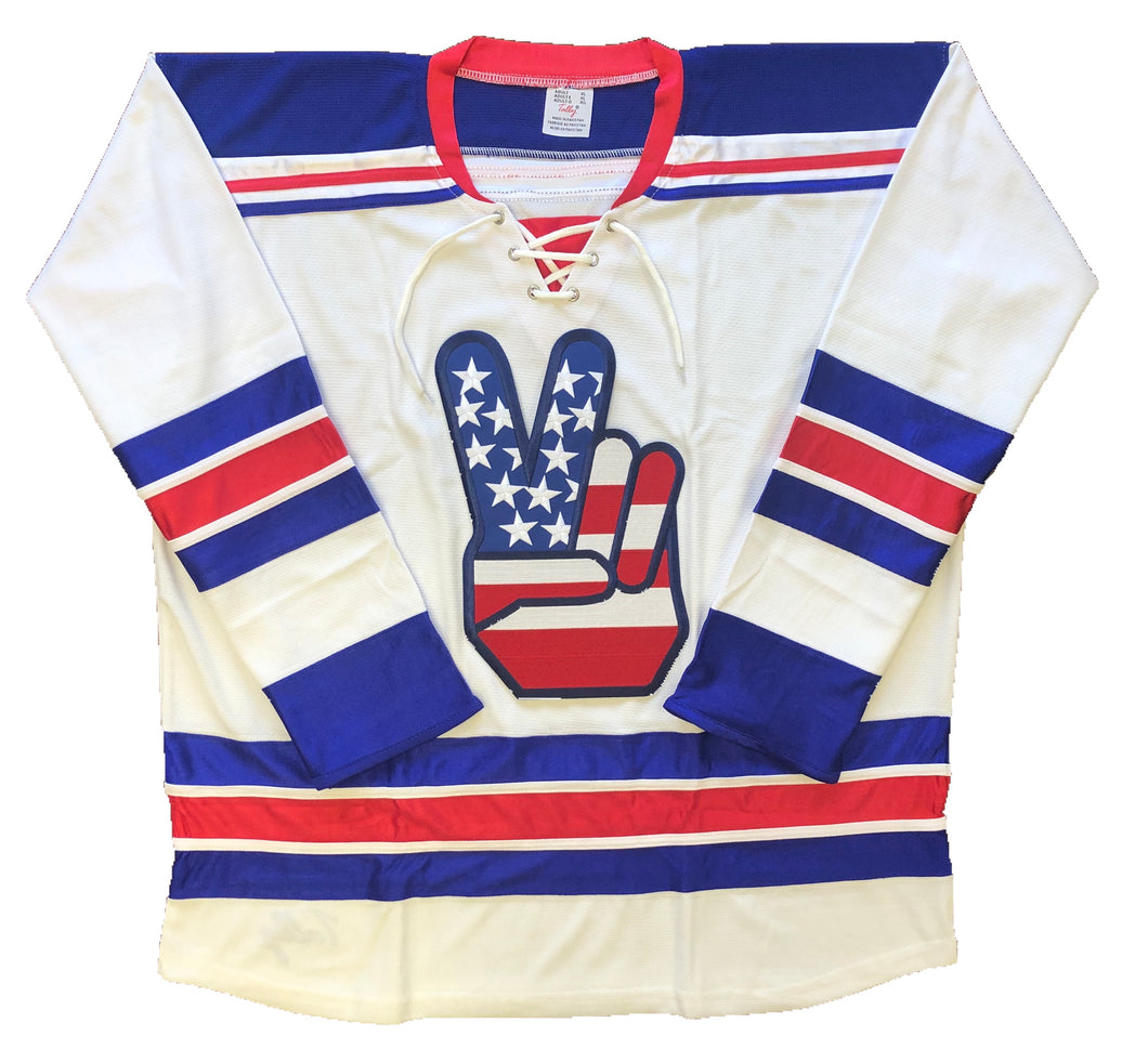 Custom Hockey Jerseys with a Peace Sign Embroidered Twill Logo