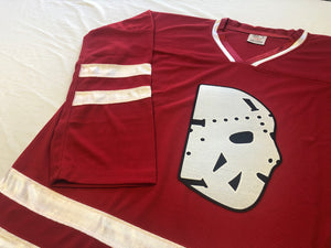 Rot-weiße Hockey-Trikots mit Twill-Goalie-Masken-Logo 