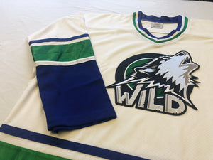 Custom hockey jerseys with the Wild team logo.