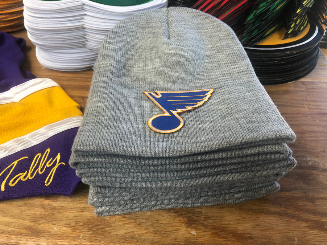 Beanie (Grey) with a Blues style embroidered twill crest / logo $29