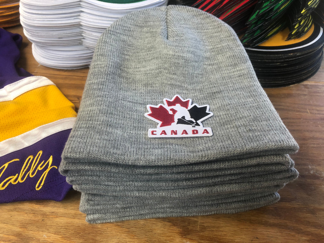 Beanie (Grey) with a Team Canada style embroidered twill crest / logo $29