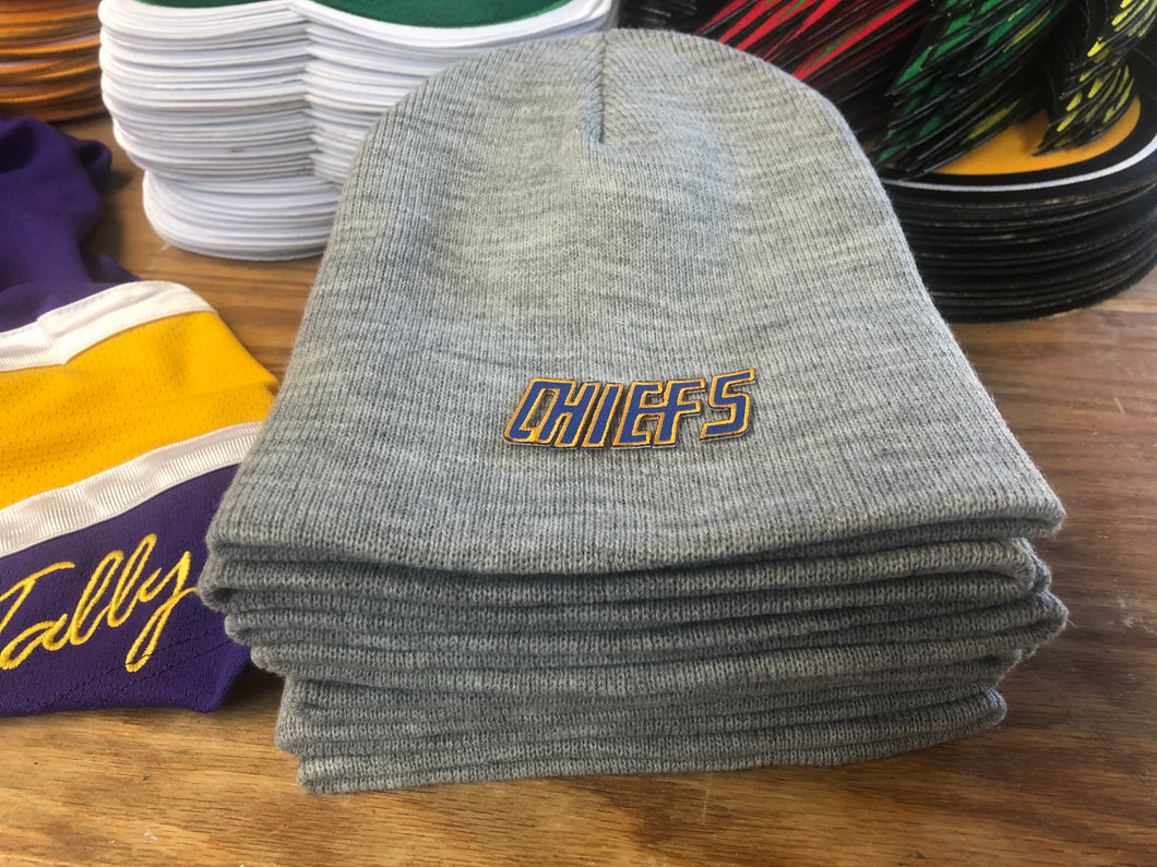 Beanie (Grey) with a Chiefs embroidered twill crest / logo $29