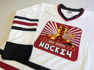 Custom hockey jerseys with the Red Army embroidered twill logo.