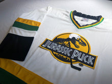 Load image into Gallery viewer, Custom hockey jerseys with the Jurassic Pucks logo
