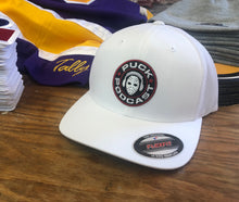 Load image into Gallery viewer, Flex-Fit Hat with the Puck Podcast embroidered twill crest $39 (White)
