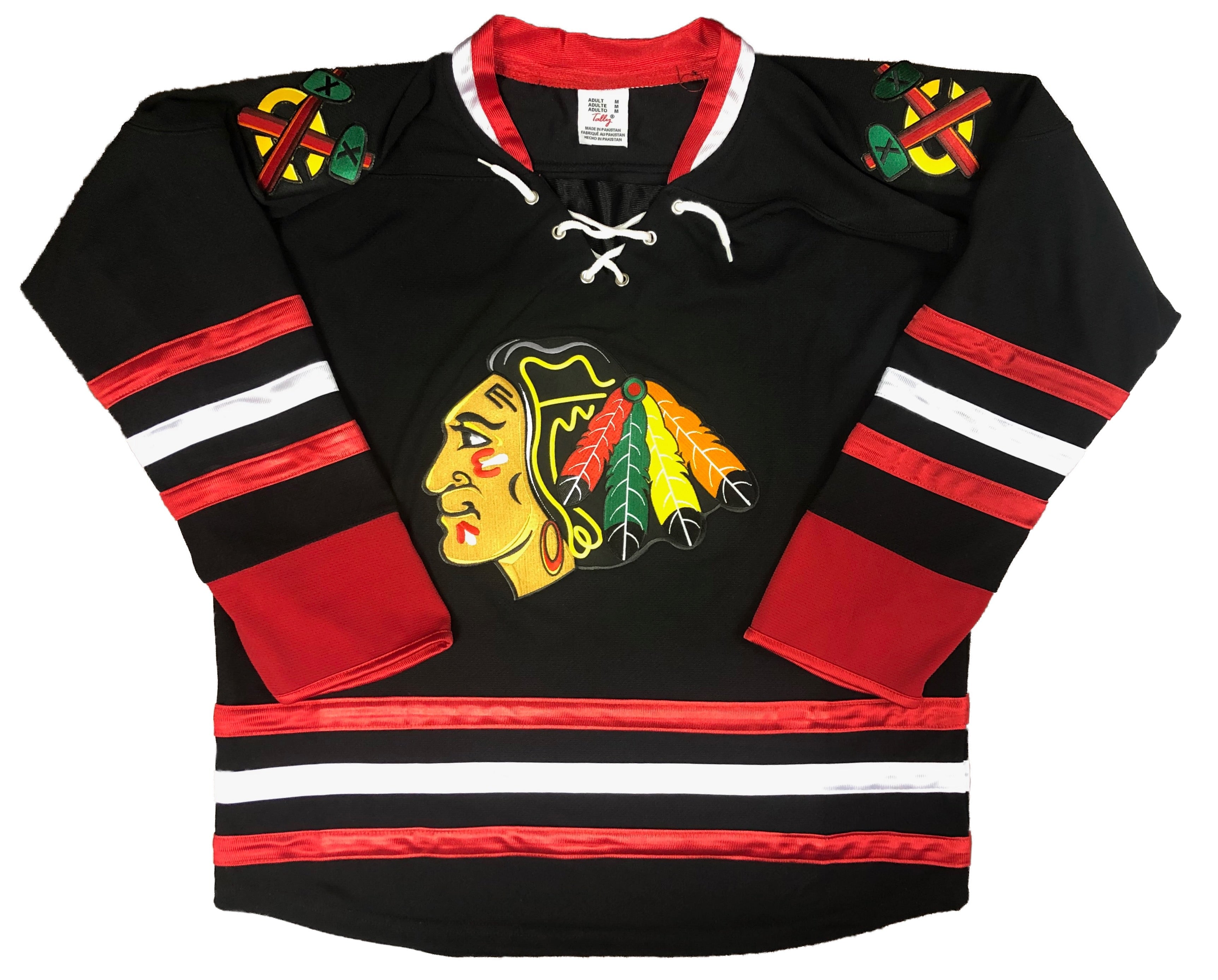 Custom Hockey Jerseys with A Blackhawk Logo and Shoulder Patches Adult Goalie Cut / (name and Number on Back and Sleeves) / White