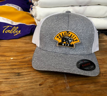 Load image into Gallery viewer, Flex-Fit Hat with a Bruins style Hip crest / logo $39 (Grey / White)
