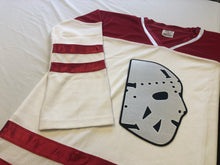 Laden Sie das Bild in den Galerie-Viewer, Rot-weiße Hockey-Trikots mit Twill-Goalie-Masken-Logo 
