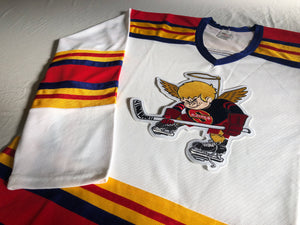 Custom hockey jersey with Saints team logo.