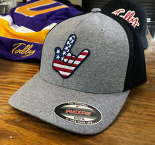 Load image into Gallery viewer, Flex-Fit Hat with a Rock-On embroidered twill crest $39 (Grey / Black)
