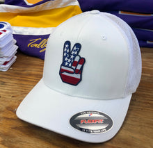 Load image into Gallery viewer, Flex-Fit Hat with a Peace Sign crest / logo $39 (White / White)
