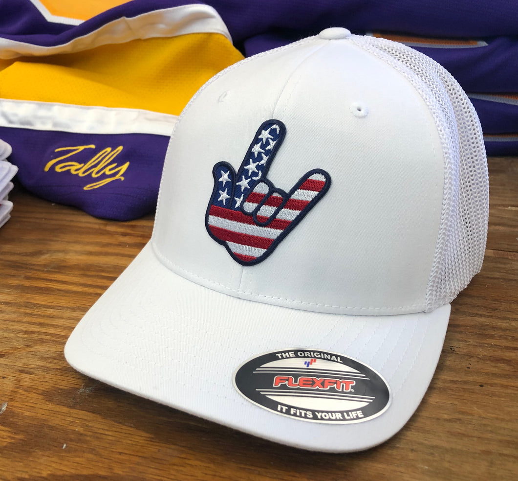 Flex-Fit Hat with a Rock-On crest / logo $39 (White / White)