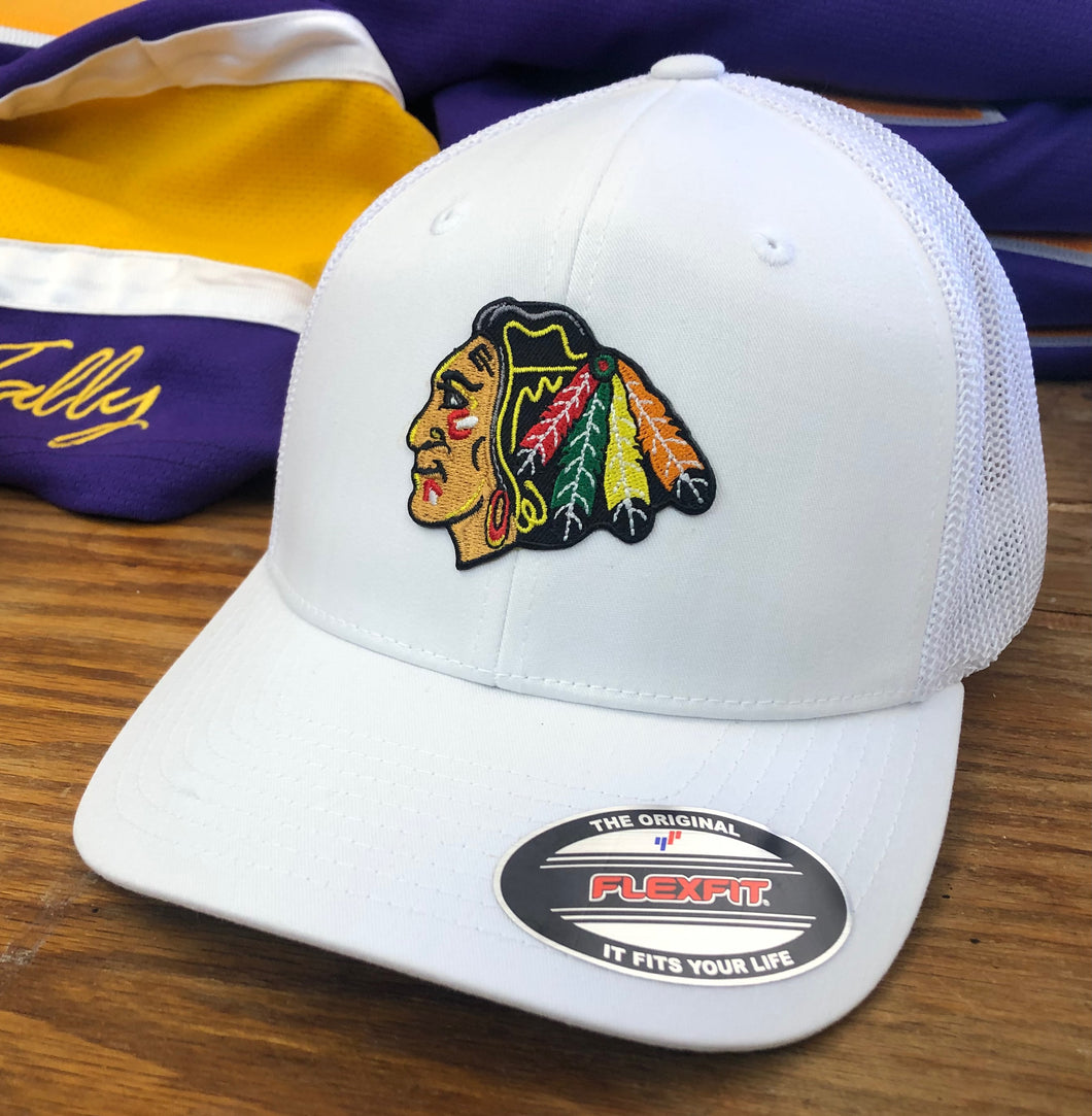 Flex-Fit Hat with a Blackhawks crest / logo $39 (White / White)