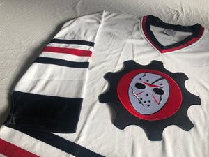 Custom hockey jersey with Scar Goalie Mask embroidered twill team logo.