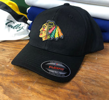Load image into Gallery viewer, Flex-Fit Hat with a Blackhawks crest / logo $39 (Black)

