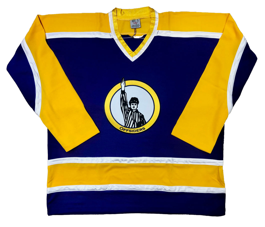Lila-goldene Hockey-Trikots mit dem Offsiders-Twill-Logo 