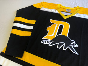 Custom hockey jerseys with a "D" embroidered twill logo