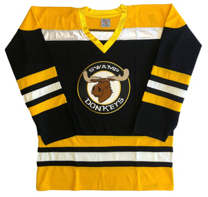 Custom hockey jerseys with the Swamp Donkeys team logo.
