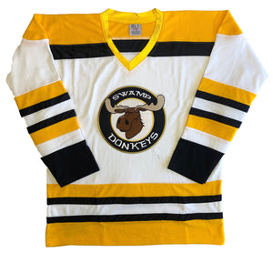 Custom hockey jerseys with the Swamp Donkeys team logo.