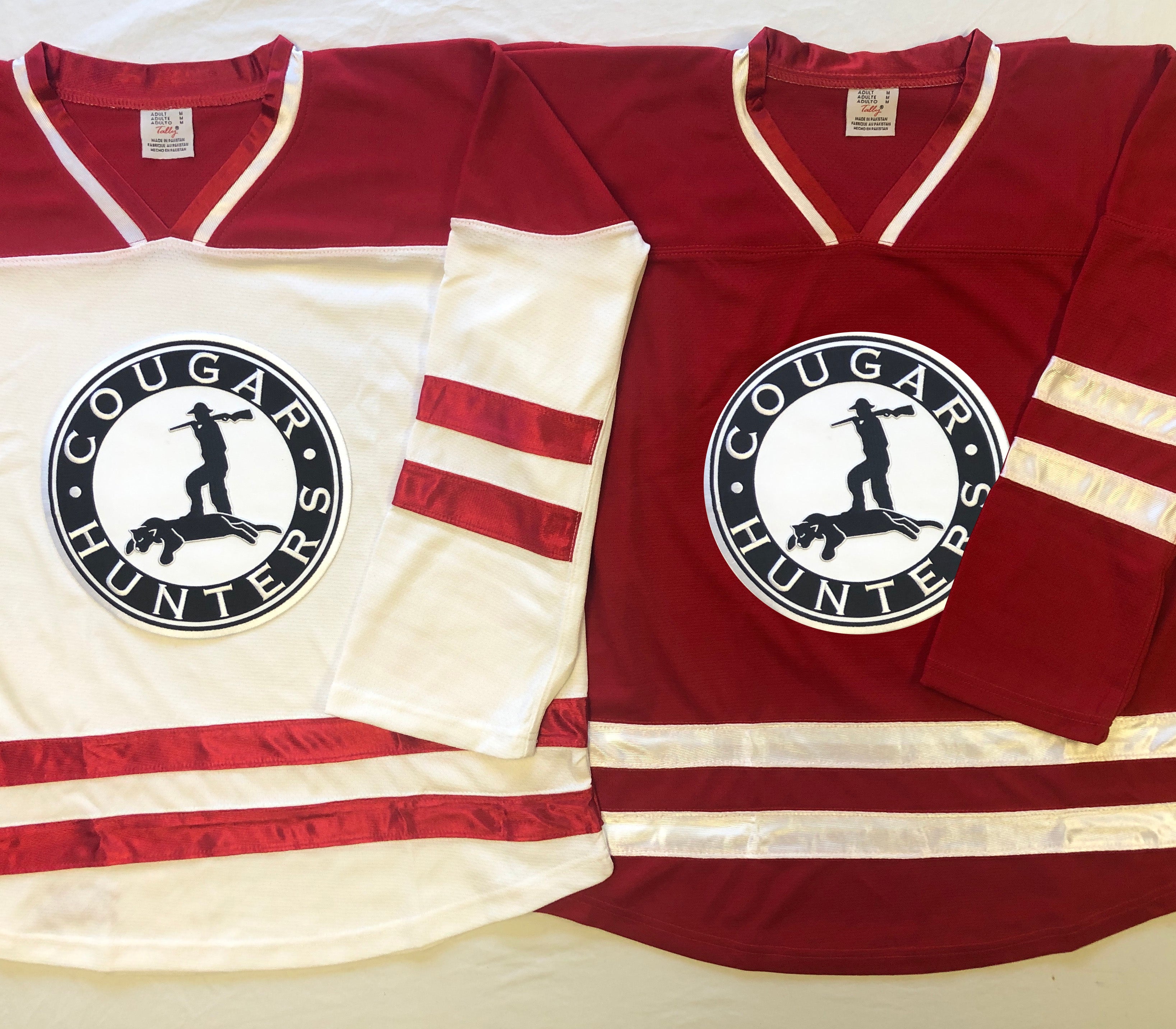 Custom Hockey Jerseys with The Cougar Hunters Twill Logo Adult XXL / (Number on Back and Sleeves) / Red