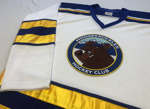 Custom hockey jerseys with the Mooseknuckles Hockey Club embroidered twill logo