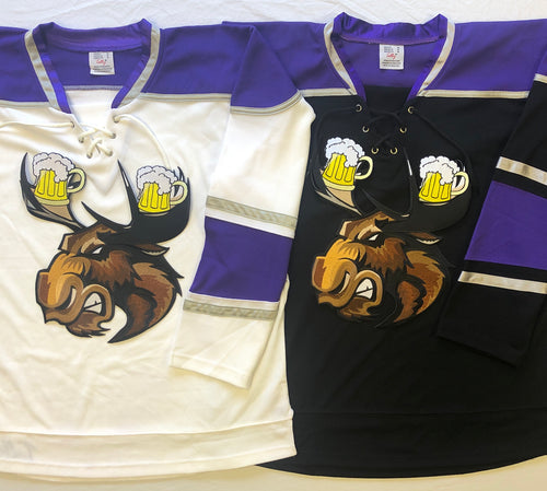 Custom hockey jerseys with a Moose with Beer Antlers twill logo.