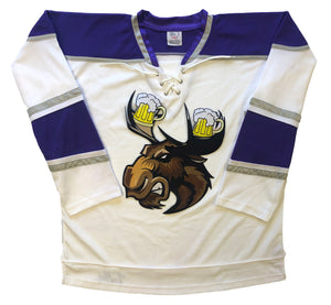 Custom hockey jerseys with a Moose with Beer Antlers twill logo.