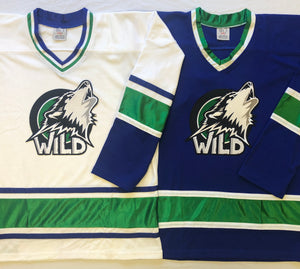 Custom hockey jerseys with the Wild team logo.