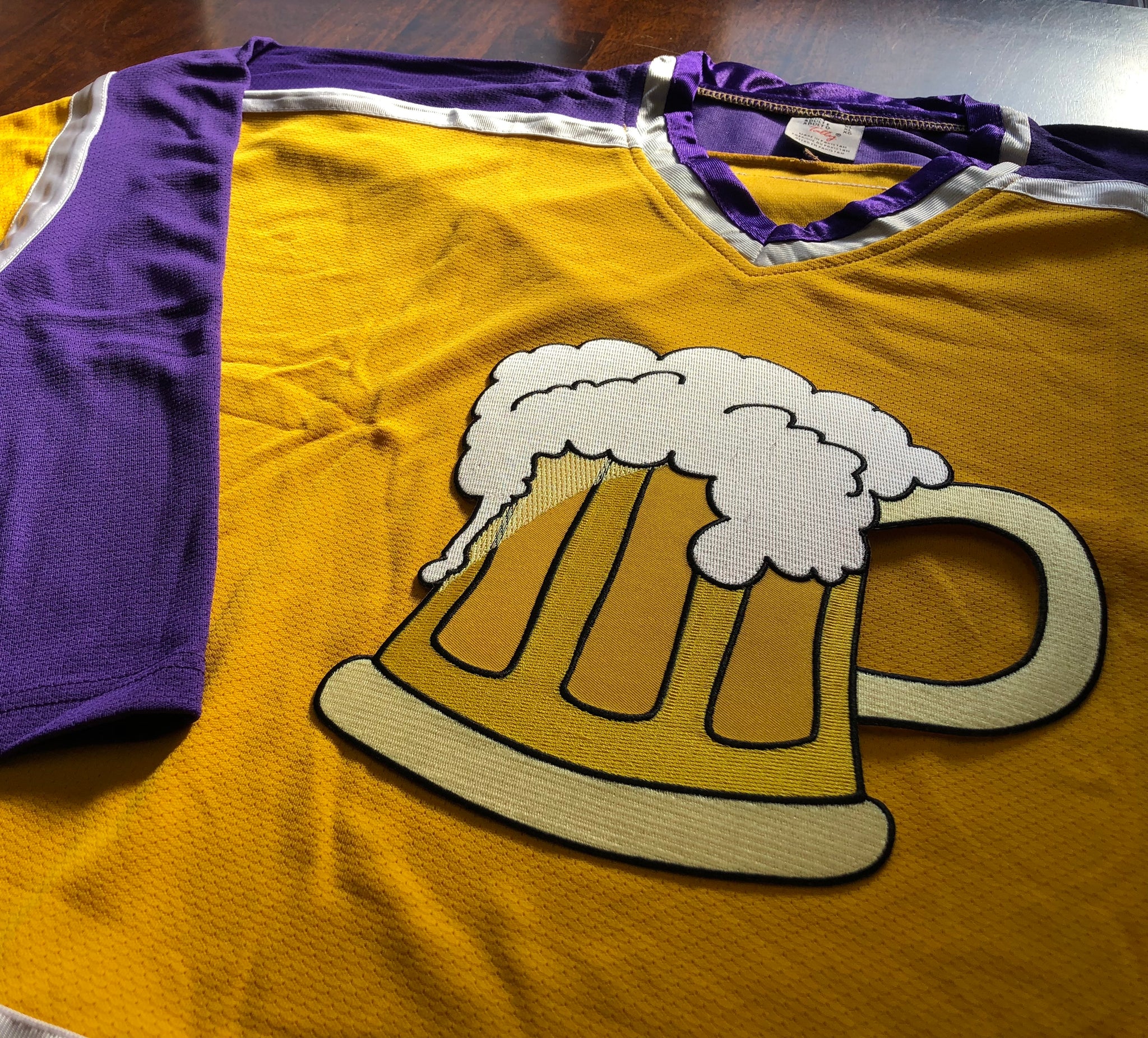 Purple and Gold Hockey Jerseys with A Beer Mug Twill Logo Adult XXL / (Number on Back and Sleeves) / Gold