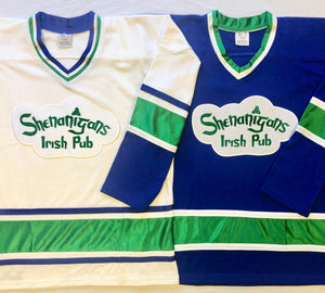 Custom Hockey Jerseys with the Shenanigans Irish Pub Team Logo
