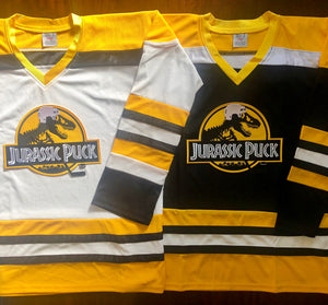 Custom Hockey Jerseys with a Jurassic Puck Embroidered Twill Logo