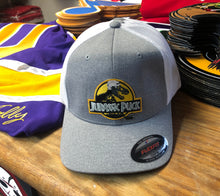 Load image into Gallery viewer, Flex-Fit Hat with Jurassic Puck crest / logo $39 (Grey / White)
