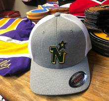 Load image into Gallery viewer, Flex-Fit Hat with a North Stars crest / logo $39 (Grey / White)
